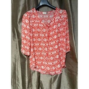 Jon & Anna Coral and White Ikat Tie-Neck Blouse #2369